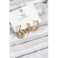 Pirinç Zİrkon Taşlı Halka Model Gold Renk 3lü Kadın Küpe