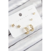 Pirinç Zirkon Taşlı Halka Model Gold Renk 925 Ayar Gümüş Çivi Kadın Küpe Set