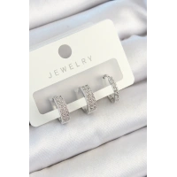 Pirinç Zirkon Taşlı Halka Model Gümüş Renk 3lü Çift Kadın Küpe Set