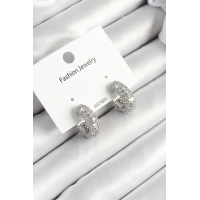 Pirinç Zirkon Taşlı Halka Model Gümüş Renk Kadın Küpe