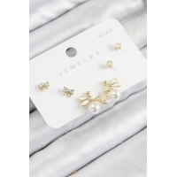 Pirinç Zirkon Taşlı İnci Melek Model Gold Renk 925 Ayar Gümüş Çivi Kadın Küpe Set