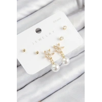 Pirinç Zirkon Taşlı İnci Sallantılı Çiçek Model Gümüş Renk 925 Ayar Gümüş Çivi Kadın Küpe Set