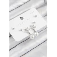 Pirinç Zirkon Taşlı İnci Sallantılı Çiçek Model Gümüş Renk 925 Ayar Gümüş Çivi Kadın Küpe Set