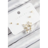 Pirinç Zirkon Taşlı İnci Sallantılı Damla Model Gold Renk 925 Ayar Gümüş Çivi Kadın Küpe Set