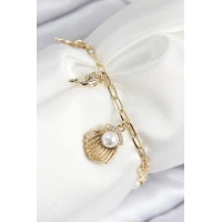 Pirinç Zirkon Taşlı İncili İstiridye Model Gold Renk Kadın Bileklik