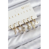 Pirinç Zirkon Taşlı İstiridye Balina Ve Yıldız Gold Renk 6lı Küpe Set
