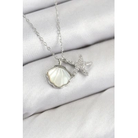 Pirinç Zirkon Taşlı İstiridye Ve Deniz Yıldızı Model Gümüş Renk Kadın Kolye