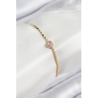 Pirinç Zirkon Taşlı Kalp Model Ezme Zincir Gold Renk Kadın Bileklik