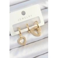 Pirinç Zirkon Taşlı Kalp Model Gold Renk 3lü Çift Kadın Küpe Set