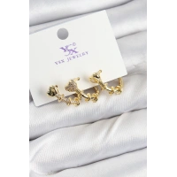 Pirinç Zİrkon Taşlı Kalp Model Gold Renk 3lü Kadın Küpe