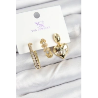 Pirinç Zİrkon Taşlı Kalp Model Gold Renk 3lü Kadın Küpe