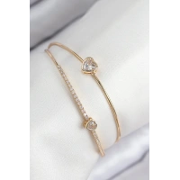 Pirinç Zirkon Taşlı Kalp Model Gold Renk Kadın Bileklik