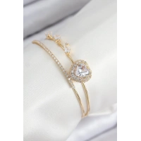 Pirinç Zirkon Taşlı Kalp Model Gold Renk Kadın Bileklik