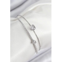 Pirinç Zirkon Taşlı Kalp Model Gümüş Renk Kadın Bileklik