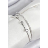 Pirinç Zirkon Taşlı Kalp Model Gümüş Renk Kadın Bileklik