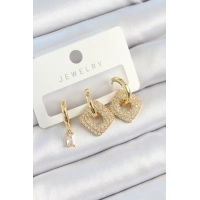 Pirinç Zirkon Taşlı Kare Model Gold Renk 3lü Çift Kadın Küpe Set