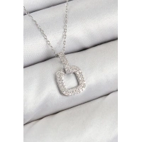 Pirinç Zirkon Taşlı Kare Model Gümüş Renk Kadın Kolye