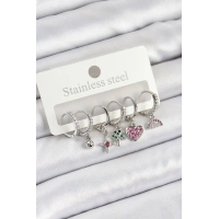 Pirinç Zirkon Taşlı Karpuz Yonca Kalp Pusula Karışık Model Gümüş Renk 6lı Set Kadın Küpe