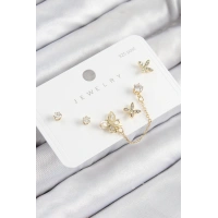 Pirinç Zirkon Taşlı Kelebek Model Gold Renk 925 Ayar Gümüş Çivi Kadın Küpe Set