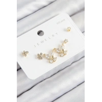 Pirinç Zirkon Taşlı Kelebek Model Gold Renk 925 Ayar Gümüş Çivi Kadın Küpe Set
