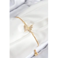 Pirinç Zirkon Taşlı Kelebek Model Gold Renk Asansörlü Kadın Bileklik