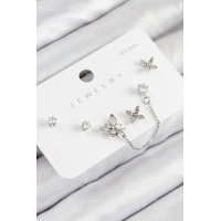 Pirinç Zirkon Taşlı Kelebek Model Gümüş Renk 925 Ayar Gümüş Çivi Kadın Küpe Set