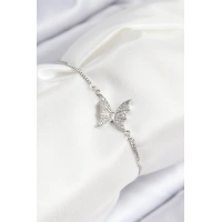 Pirinç Zirkon Taşlı Kelebek Model Gümüş Renk Asansörlü Kadın Bileklik