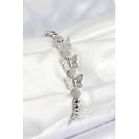 Pirinç Zirkon Taşlı Kelebek Model Gümüş Renk Kadın Bileklik