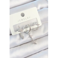 Pirinç Zirkon Taşlı Kelebek Ve Sallantılı Yıldız Model Gümüş Renk 3lü Çift Kadın Küpe Set