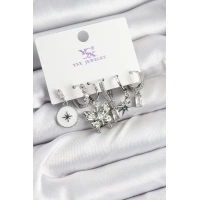 Pirinç Zİrkon Taşlı Kelebek ve Yıldız Model Gümüş Renk 3lü Çift Kadın Küpe