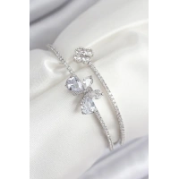 Pirinç Zirkon Taşlı Kelebek Ve Yonca Model Gümüş Renk Kadın Bileklik