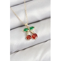 Pirinç Zirkon Taşlı Kiraz Model Gold Renk Kadın Kolye