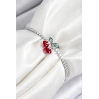 Pirinç Zirkon Taşlı Kiraz Model Gümüş Renk Asansörlü Kadın Bileklik