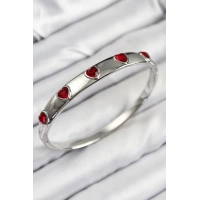 Pirinç Zirkon Taşlı Kırmızı Kalp Model Gümüş Renk Kadın Kelepçe