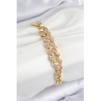 Pirinç Zirkon Taşlı Küba Zincir Model Gold Renk Kadın Bileklik
