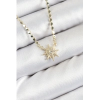 Pirinç Zirkon Taşlı Kutup Yıldızı Model Ezme Zincir Gold Renk Kadın Kolye
