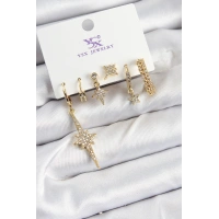 Pirinç Zİrkon Taşlı Kutup Yıldızı Model Gold Renk 3lü Çift Kadın Küpe