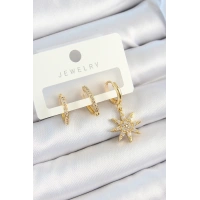 Pirinç Zirkon Taşlı Kutup Yıldızı Model Gold Renk 3lü Çift Kadın Küpe Set