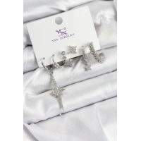 Pirinç Zİrkon Taşlı Kutup Yıldızı Model Gümüş Renk 3lü Çift Kadın Küpe