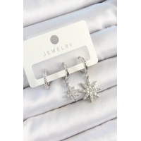 Pirinç Zirkon Taşlı Kutup Yıldızı Model Gümüş Renk 3lü Çift Kadın Küpe Set