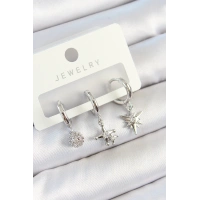 Pirinç Zirkon Taşlı Kutup Yıldızı Model Gümüş Renk 3lü Çift Kadın Küpe Set