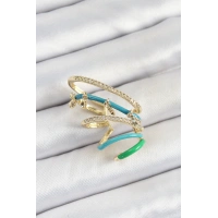 Pirinç Zirkon Taşlı Mavi Yeşil Sıkıştırma Sağ Kıkırdak Gold Renk Kadın Küpe