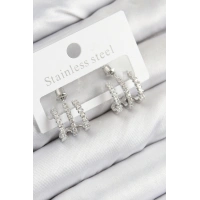 Pirinç Zirkon Taşlı Model Gümüş Renk Kadın Küpe