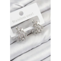 Pirinç Zirkon Taşlı Model Gümüş Renk Kadın Küpe