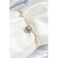 Pirinç Zirkon Taşlı Nazar Boncuğu Model Gold Renk Kadın Bileklik