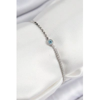 Pirinç Zirkon Taşlı Nazar Model Ezme Zincir Gümüş Renk Kadın Bileklik