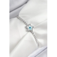 Pirinç Zirkon Taşlı Nazar Yıldız Model Gümüş Renk Asansörlü Kadın Bileklik