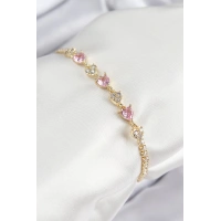 Pirinç Zirkon Taşlı Pembe Kalp Model Gold Renk Kadın Bileklik