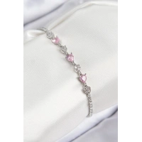 Pirinç Zirkon Taşlı Pembe Kalp Model Gümüş Renk Kadın Bileklik