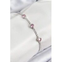 Pirinç Zirkon Taşlı Pembe Kalp Model Gümüş Renk Kadın Bileklik